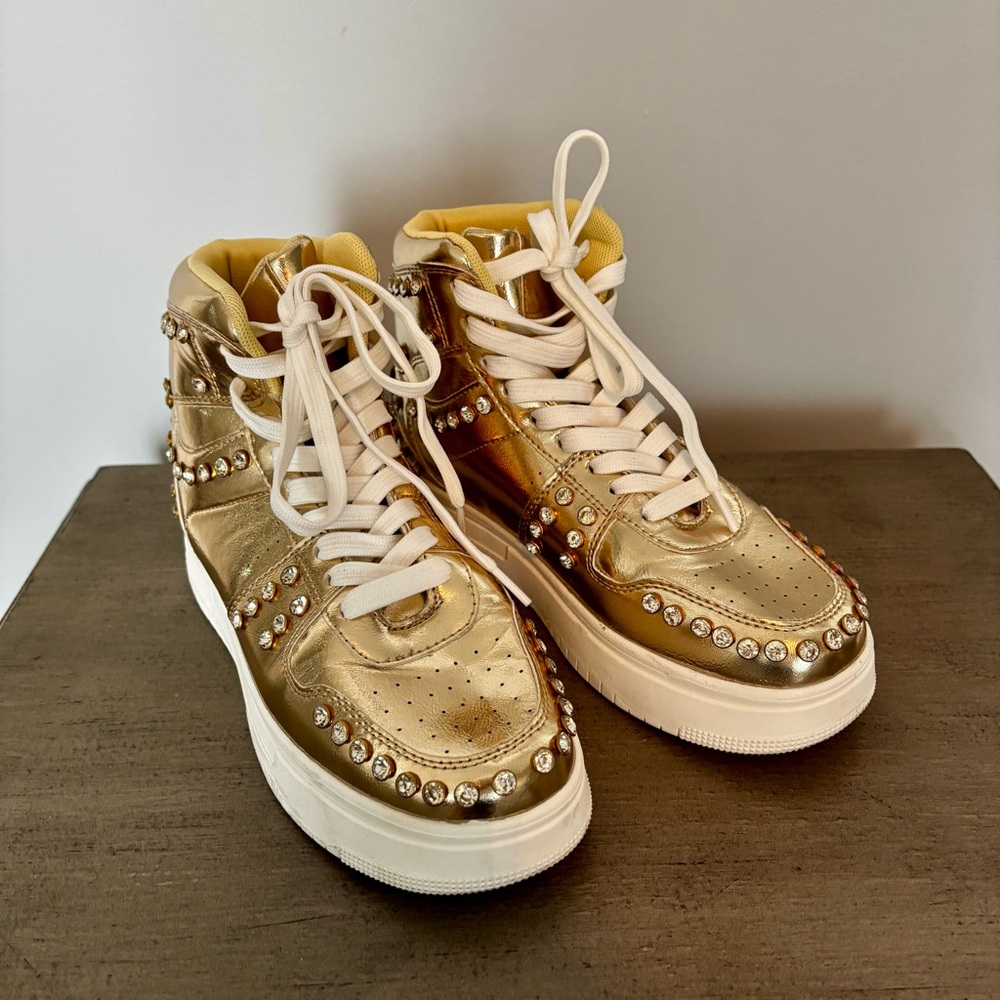 Gold High-Top Sneakers with Rhinestone Accents